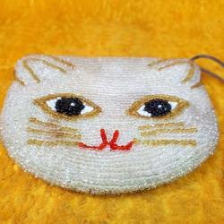 VINTAGE ELYAPIMI BONCUKLU KEDİ YÜZÜ FORMLU FERMUARLI CÜZDAN