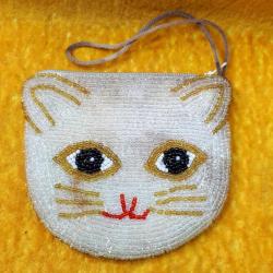 VINTAGE ELYAPIMI BONCUKLU KEDİ YÜZÜ FORMLU FERMUARLI CÜZDAN