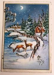 HEDİYE KARTPOSTALI, ÇİFT YAPRAK, NEHİR KENARINDA SU İÇEN GEYİKLER, ÇAM AĞAÇLARI, GÖKYÜZÜNDE AY VE AHŞAP KÖY EVİ, ÇOK GÜZEL BİR KAR VE KIŞ MANZARASI, SİMLİ, ARKASI YAZILI, RENKLİ, 8,5 X 12 CM EBADINDA - 1940'LAR, 1950'LER, 1960'LAR, 1970'LER 1980'LER