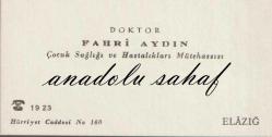 Efemera - Kartvizit: Doktor Fahri Aydın - Çocuk Sağlığı ve Hastalıkları Mütehassısı, Elazığ - kitantik - kitaLog