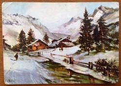 Efemera - HEDİYE KARTPOSTALI, KARLA KAPLI DAĞLAR, ÇAM AĞAÇLARI VE KÖY EVLERİ, GÜZEL BİR KIŞ MANZARASI ÇİZİMİ, ARKASI YAZILMAMIŞ, RENKLİ, 10 X 15 CM EBADINDA - 1940'LAR, 1950'LER, 1960'LAR, 1970'LER 1980'LER - kitantik - kitaLog