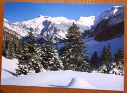 HEDİYE KARTPOSTALI, BÜYÜK BOY, KARLA KAPLI DAĞLAR VE ÇAM AĞAÇLARI, HUZUR VERİCİ BİR KIŞ MANZARASI, ARKASI YAZILI, RENKLİ, 21 X 15 CM EBADINDA - 1940'LAR, 1950'LER, 1960'LAR, 1970'LER 1980'LER