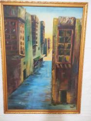 7621-DUBAİLİ RESSAM İMZALI DROLİT ÜZERİ YAĞLI BOYA RESİM AHŞAP ÇERÇEVELİ TABLO