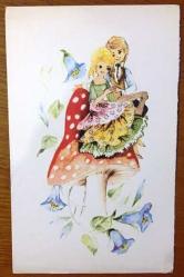 Efemera - HEDİYE KARTPOSTALI, BEYAZ FON ÜZERİNE GÜZEL BİR SEVGİ KARESİ ÇİZİMİ, MANTARIN ÜZERİNE OTURMUŞ KIZ VE ERKEK, ÇİÇEKLERİN ARASINDA SEVGİLİLER, ARKASI YAZILMAMIŞ, RENKLİ, 10 X 17 CM EBADINDA - 1940'LAR, 1950'LER, 1960'LAR, 1970'LER 1980'LER - kitantik - kitaLog