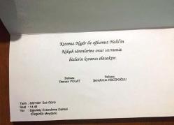 NİGAR POLAT VE HALİL NECİPOĞLU'NUN 6 AĞUSTOS 1991 TARİHLİ NİKAH TÖRENİ DAVETİYESİ KARTI, BAKIRKÖY EVLENDİRME DAİRESİ