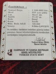7500000 LİRA 2000 BİLL CLİNTON'IN  TÜRKİYE ZİYARETİ NİN  GÜMÜŞ HATIRA PARA  SERTİFİKASI