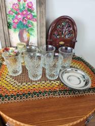 Antika - 1980'ler dökme kristal cam 6 adet çay bardağı ve rostfrei 6 adet paslanmaz çelik çay tabağı - kitantik - kitaLog