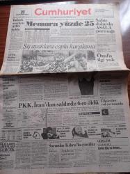 Cumhuriyet Gazetesi - 23 Haziran 1992 - Milyarlık Gazi Koşusu'nun Ödülü 1 Kilo Şeker - Beritan Aşiretine Açlık Cezası - Memura Yüzde 25 - Sahte Dolarda ASALA Parmağı - PKK İran'dan Saldırdı 6 Er Öldü - Ülkücüler Yol Ayrımında - İstanbul Bir Pavarotti Serüveni Yaşadı - Memurlara Coplu Karşılama - Güneydoğu Salgın Mevsimine Girdi - İdil Koleksiyon