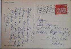 ŞEHİR KARTPOSTALI-ALMANYA/ZÜRİH SAAT KULESİ VE ŞEHRİN KUŞBAKIŞI GÖRÜNTÜSÜ,ARKASINA YAZILMIŞ,PULLU,RENKLİ, 12 X 16 CM EBADINDA - 1950'LER, 1960'LAR, 1970'LER, 1980'LER