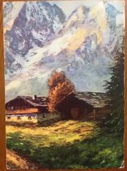 HEDİYE KARTPOSTALI, DAĞLAR, KÖY EVİ VE AĞAÇLAR, GÜZEL BİR MANZARA ÇİZİMİ, ARKASI YAZILMAMIŞ, RENKLİ, 10 X 15 CM EBADINDA - 1940'LAR, 1950'LER, 1960'LAR, 1970'LER 1980'LER