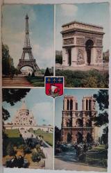 ŞEHİR KARTPOSTALI-FRANSA/PARİS EYFEL KULESİ NOTRE DAME SACRE COEUR VE L'ARC DE TRİOMPHE GÖRÜNTÜSÜ,ARKASINA YAZILMIŞ,RENKLİ, 10 X 14 CM EBADINDA - 1950'LER, 1960'LAR, 1970'LER, 1980'LER