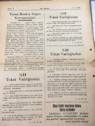 Tokat Genç Demokrat -Pazardan Maada Hergün  Çıkar -Siyasi Gazete - Yerel Taşra Basını- 11 Eylül 1957 -Yıl 3 -Sayı 596-Tokat - Hastalar Son Nefeste -Turan Keskin Doğru Konuşmuştur -Afgan  kralını İzmir deki gezisi- İlan Tokat Valiliğinden -Bölge Futbol Ajanlığınca  Hakem Kursu Açılacaktır -