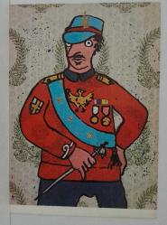 Efemera - ENRICO BAJ TARAFINDAN ÇİZİLMİŞ ÜNİFORMA GİYMİŞ İNSAN RESMİ KARTPOSTALI,ARKASINA YAZILMAMIŞ,RENKLİ, 11 X 15 CM EBADINDA - kitantik - kitaLog