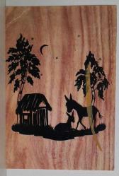 KAHVERENGİ ARKAPLANDA EV VE ÖNÜNDEKİ EŞEKLERİN RESMİ KARTPOSTALI,ARKASINA YAZILMIŞ,RENKLİ, 11 X 15 CM EBADINDA