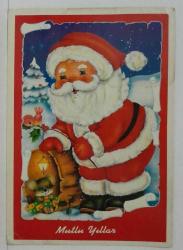 NOEL BABA VE ÖNÜNE YAZILMIŞ YENİ YIL KUTLAMA MESAJI KARTPOSTALI,ARKASINA YAZILMIŞ,RENKLİ, 12 X 17 CM EBADINDA