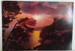 GÜNBATIMINDA GÖK YÜZÜ DENİZ VE AĞAÇLAR KARTPOSTALI,ARKASINA YAZILMIŞ,RENKLİ, 11 X 15 CM EBADINDA