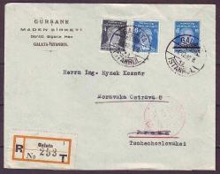 1938 ATATÜRK MATEM SERİSİ 6 KURUŞ PULLU, ANTETLİ ZARFTA TAAHHÜTLÜ POSTA İLE ÇEKOSLOVAKYA'YA GÖNDERİLMİŞ, ARKA YÜZDE VARIŞ DAMGASI OLAN KOLEKSİYONLUK ZARF.