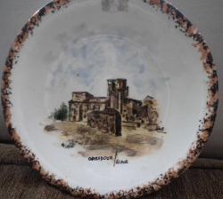 PORSELEN EL BOYAMA DUVAR TABAĞI  İMZALI TARİHİ EVLER RESİMLİ ÇAP 21 CM