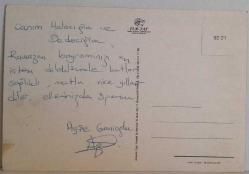 RENGARENK ÇİÇEKLER ÖNÜNDE TATLI BEYAZ KEDİ KARTPOSTALI,ARKASINA YAZILMIŞ,RENKLİ, 11 X 15 CM EBADINDA