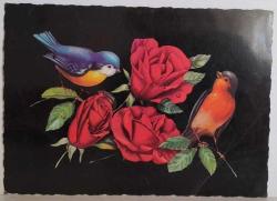 KIRMIZI GÜLLER ÜSTÜNDE DURAN MİNİK SERÇELER KARTPOSTALI,ARKASINA YAZILMIŞ,RENKLİ, 11 X 15 CM EBADINDA