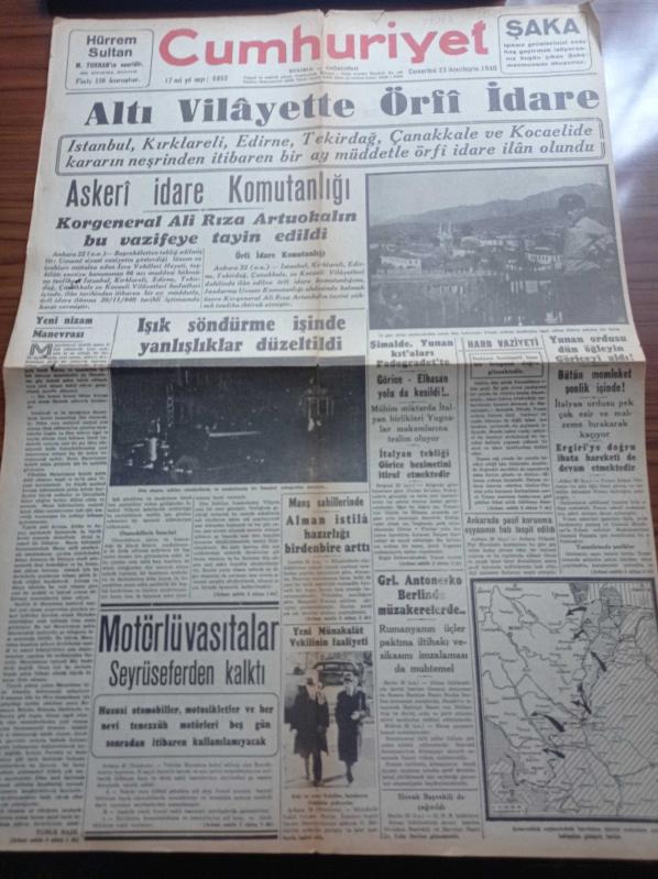 Cumhuriyet Gazetesi 23 Kasım 1940 Tıpkıbasım İstanbul  