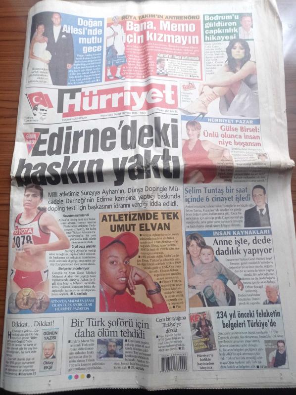 Hürriyet Gazetesi 8 Ağustos 2004 Milli Atlet Süreyya Ayhan ın  