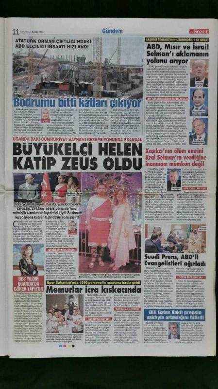 Sözcü Gazete 3 Kasım 2018 Büyükelçimiz Helen Katibi İse Zeus Oldu  