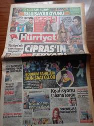Hürriyet Gazetesi - 8 Ağustos 2015 - Süper Kupa Finali Galatasaray Bursaspor - Toroslar'ın Suyu Kıbrıs'ta Akacak - İkbal Gürpınar 600 Bin Lira Tazminat İstedi - Başbakan Ahmet Davutoğlu Koalisyonu Tabana Sordu - Çipras'ın Feryadı - Silopi'de Hendek Çatışması - Formula 1