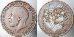 BÜYÜK BRİTANYA 1 PENNY 1919. KRAL 5. GEORGE DÖNEMİ. 31 mm ÇAPINDA BAKIR PARA. İNGİLTERE. ARKA YÜZ TEMİZLENİRSE GÜZEL PARA.