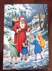 HEDİYE KARTPOSTALI, HEDİYE GETİREN NOEL BABA VE ETRAFINDAKİ ÇOCUKLAR ÇİZİMİ, ARKASI YAZILI, RENKLİ, 11 X 15 CM EBADINDA - 1940'LAR, 1950'LER, 1960'LAR, 1970'LER 1980'LER