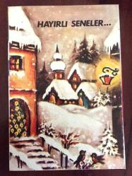 HEDİYE KARTPOSTALI, KAR MANZARASI ÇİZİMİ VE ''HAYIRLI SENELER...' YAZILI NOT, ARKASI YAZILMAMIŞ, RENKLİ, 10 X 15 CM EBADINDA - 1940'LAR, 1950'LER, 1960'LAR, 1970'LER 1980'LER