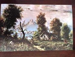 HEDİYE KARTPOSTALI, AĞAÇLAR VE KÖY EVİ VE UZAKTAKİ DAĞLAR, HARİKA BİR MANZARA ÇİZİMİ, ARKASI YAZILMAMIŞ, RENKLİ, 11 X 15 CM EBADINDA - 1940'LAR, 1950'LER, 1960'LAR, 1970'LER 1980'LER
