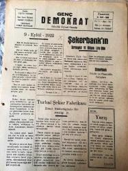 TOKAT GENÇ DEMOKRAT  SİYASİ GAZETE- YEREL  TAŞRA BASINI-  10 EYLÜL 1956-YIL :2 SAYI :301-  9 -Eylül -1922 - Turhal Şeker Fabrikası -Şekerbank 'ın Sermayesi 10 Milyonu Lira Oldu -Sümerbank  Yünlü  ve Pamuklu   Satışları -