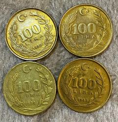 1988-1989-1990-1991 TC 100 lira 4 adet madeni para ÇT/T
