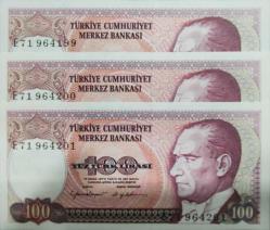 (100) YÜZ TÜRK LİRASI 7.EMİSYON 2.TERTİP (SERİ TAKİPLİ) ÇİLL+++ 3 ADET