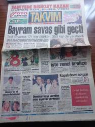 Takvim Gazetesi - 14 Mayıs 1995 - Öldürücü Ebola Virüsü Dehşet Saçıyor - James Bond Gibi Radyocu Doktor Sabri Demirdöğen - Şampiyonluğu Garantileyen Beşiktaş İnönü'de Fenerbahçe Karşısında - Süleyman Seba - Boksör Nurhan Süleymanoğlu Altın Bu Kez Benim - Mesut Yılmaz - Bayram Savaş Gibi Geçti - Kültür Bakanı Ercan Karakaş Aziz Nesin'i Ziyaret Etti - Şevket Kazan - Bülent Eczacıbaşı - Türk İş'ten Partilere Destek - Gorbaçov Seçimlere Yine Aday