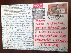 ŞEHİR KARTPOSTALI, ALMANYA'DA BİR RESTORAN MASASINDAN LEZZETLİ BİR MENÜ, ARKASI YAZILI VE PULLU (A.F. ATAMAN & NAZLI ATAMAN MEKTUBU), RENKLİ, 11 X 15 CM EBADINDA - 1940'LAR, 1950'LER, 1960'LAR, 1970'LER 1980'LER