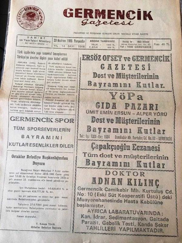 AYDIN GERMENCİK GAZETESİ YEREL TAŞRA BASINI 20 HAZİRAN 1985 YIL  