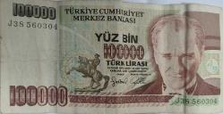 YÜZ BİN (100000)  BİN TÜRK LİRASI J 38 SERİSİ KAĞIT PARA