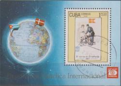 KÜBA HATIRA BLOK PUL 1980 -  DANİMARKA HAFNIA ULUSLARARASI FİLATELİ SERGİSİ - POSTACI TEMALI. DAMGALI.