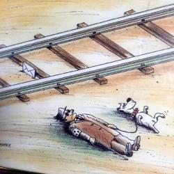 Vintage Karikatür Çerçeveli Duvara Asılan Dekor, köpeğiyle birlikte tren rayında intihar eden