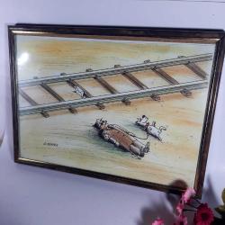 Vintage Karikatür Çerçeveli Duvara Asılan Dekor, köpeğiyle birlikte tren rayında intihar eden