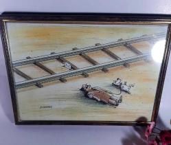 Vintage Karikatür Çerçeveli Duvara Asılan Dekor, köpeğiyle birlikte tren rayında intihar eden