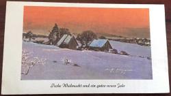 HEDİYE KARTPOSTALI, ÇİFT YAPRAK, KARLA ÖRTÜLÜ KÖY EVLERİNİN YER ALDIĞI GÜZEL BİR KIŞ RESMİ ÇİZİMİ (İÇİ YAZILI), ARKASI YAZILMAMIŞ, RENKLİ, 16 X 9 CM EBADINDA - 1940'LAR, 1950'LER, 1960'LAR, 1970'LER 1980'LER