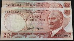 6. Emisyon 3. Tertip 20 Lira F64 496951-52 Seri Takipli Çil