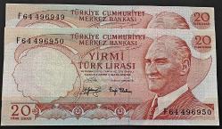 6. Emisyon 3. Tertip 20 Lira F64 496949-50 Seri Takipli Çil