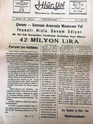 ÇORUM  HÜR YOL GAZETESİ YEREL TAŞRA BASINI   -  11 HAZİRAN 1959- YIL :5 SAYI :1009- Çorum -Samsun Arasında Muazzam Yol İnşaatı Hızla Devam Ediyor  Bu Yol İçin Karayolları  Tarafından  Sarf edilen  Para Miktarı  42 Milyon Lira-  Forum 'un İddiası -  İlan Osmancık As Hukuk Hakimliğinden -