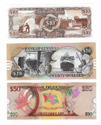 GUYANA 10-20-50 DOLLARS 1966-2016-2018 3 PCS.SET UNC ÇİL
