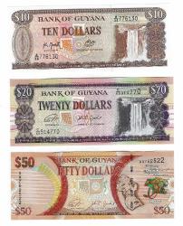 GUYANA 10-20-50 DOLLARS 1966-2016-2018 3 PCS.SET UNC ÇİL