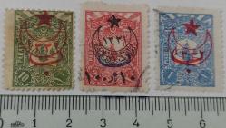 1905 SÜRŞARJLI HARİCİ POSTA PULLARI ÜZERİNE AY VE BEŞ KÖŞELİ YILDIZ SÜRŞARJLI EVLAD-I ŞUHEDA VERGİSİ PULLARI İSFİLA NOSU 658-659-660 OLAN DAMGALI ORİJİNAL SERİ SSS2A2 NADİR